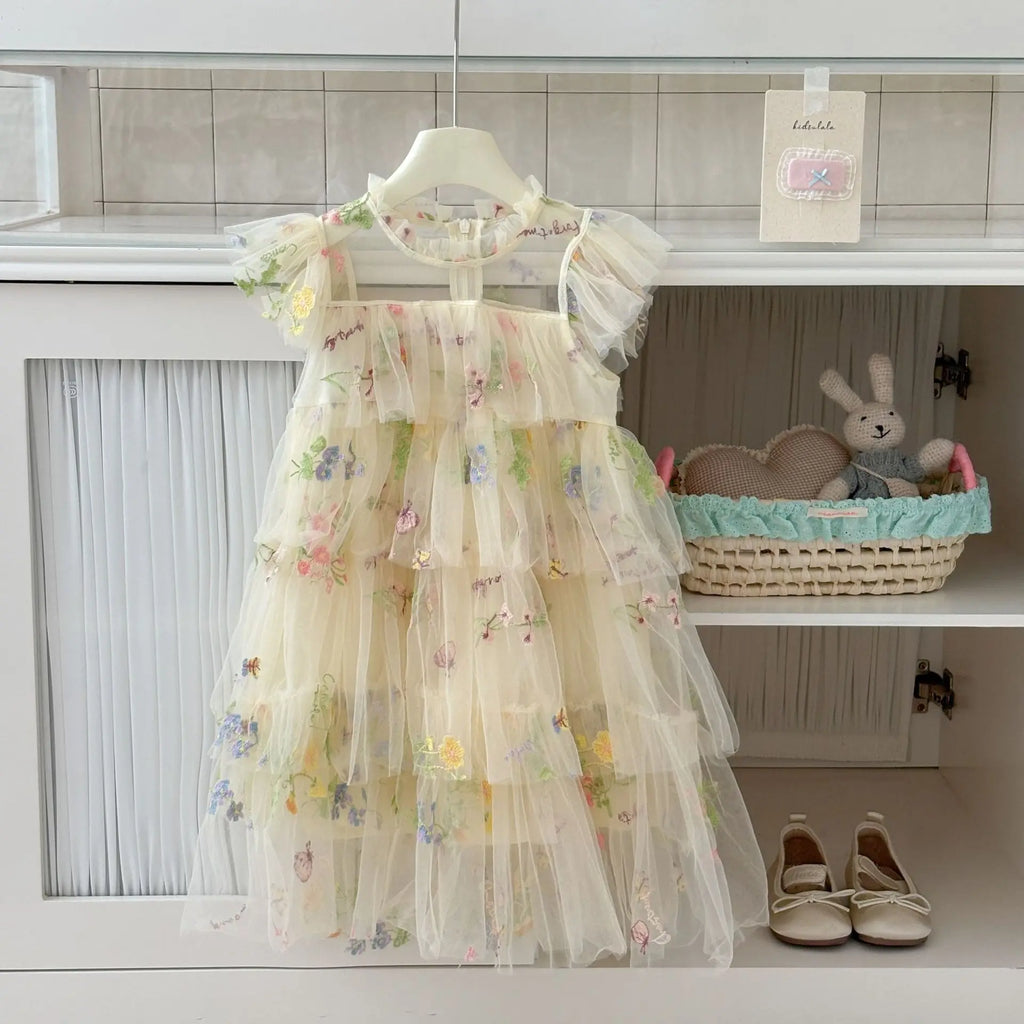 Girls Princess Dress Fairy Tulle Sweet Embroidered Cake Layered Dress for Kids Puffy Mesh Gown Birthday Party Wedding Dress