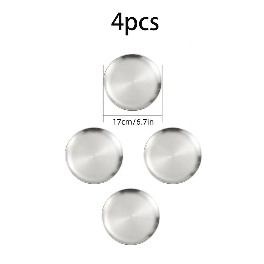 4pcs Stainless Steel Silver Plates, Korean Style Grilled Meat Plates, Household Circular Trays, Bone Plates, Cake Plates