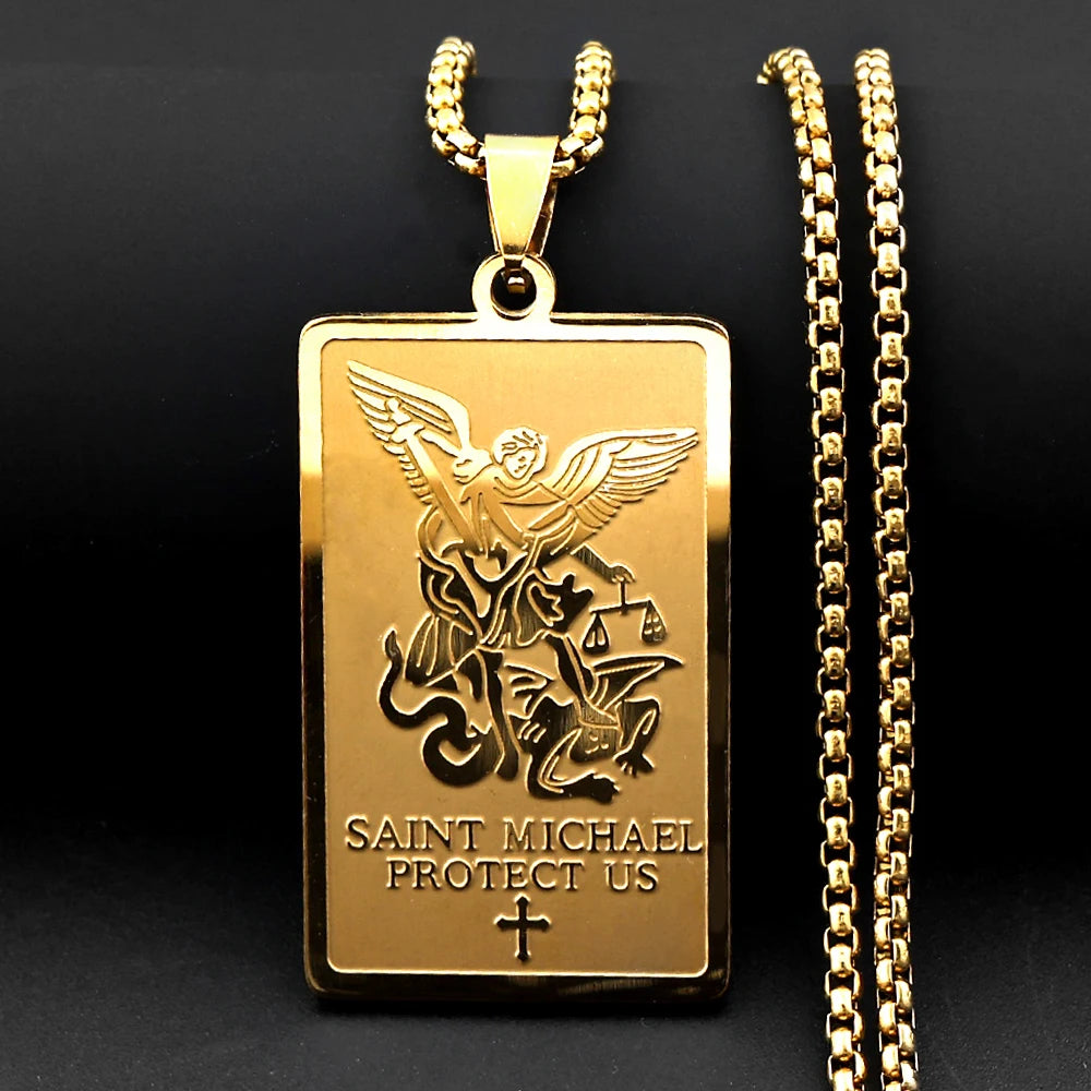 Christian Archangel Saint Michael Protect Us Cross Medal Pendant Necklace Stainless Steel Gold Plated Chain Amulet Jewelry Gift