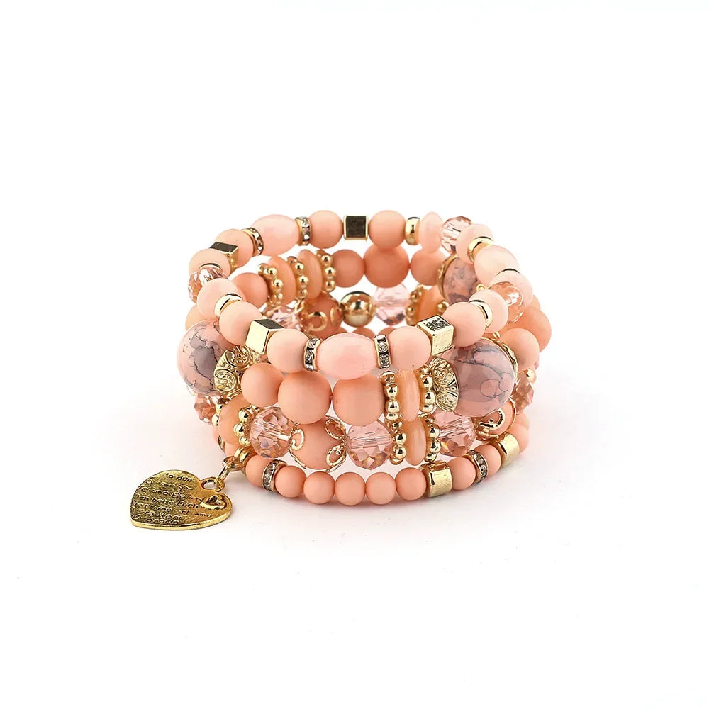 4Pcs Boho Crystal Beads Chain Bracelet Set For Women Vintage Heart Charm Elastic Bangle Men Fashion Party Jewelry