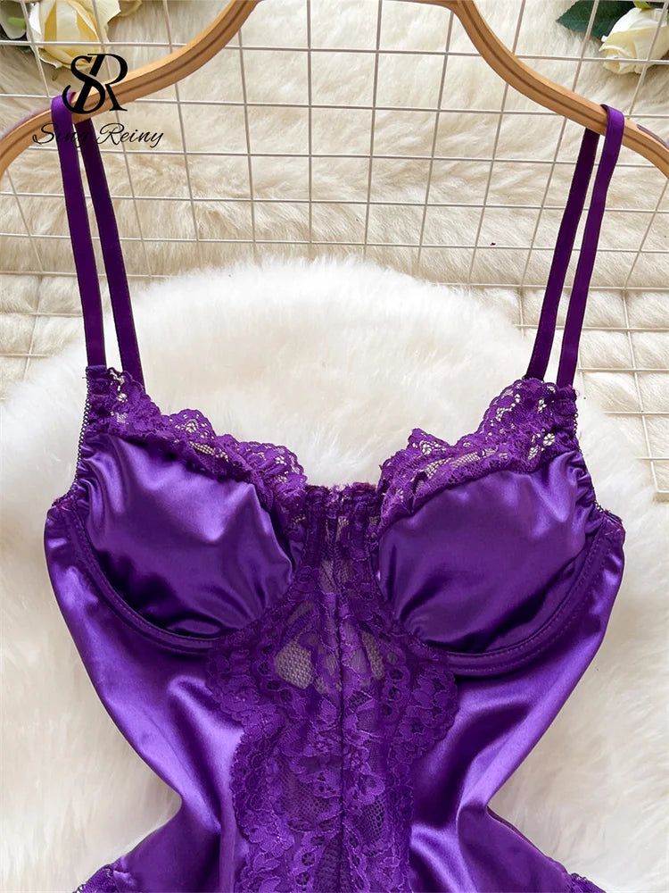 SINGREINY Satin Erotic Bodysuits 2025 Fashion Strap Backless Slim Rompers Nightwear Lace Spliced Sheer Sexy Playsuits