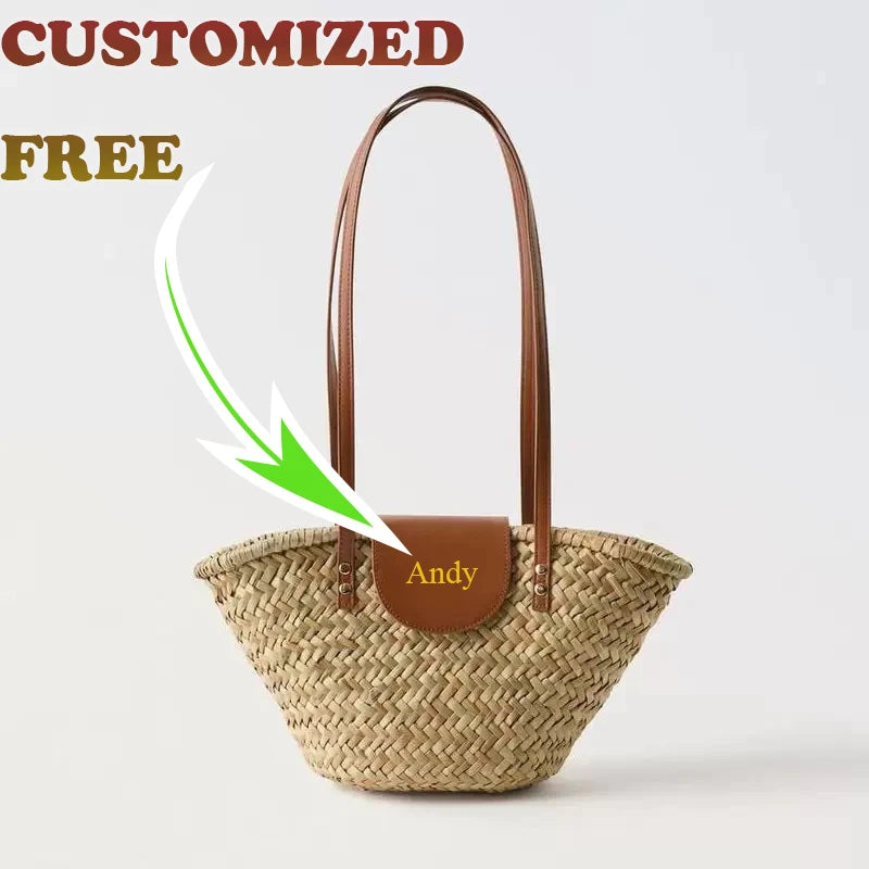 Free Printing New Natural Straw Bags Handmade Weaving Bags Shoulder Tote Original Slanting Water Straw Bags Beach Bags Women