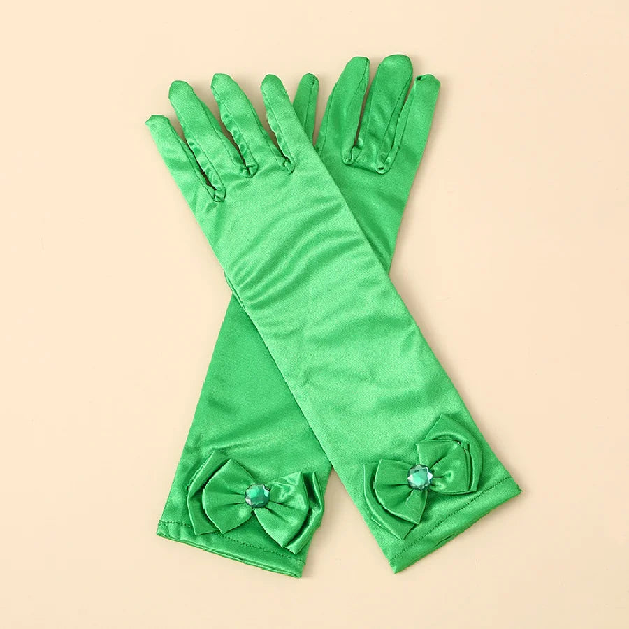 Children's satin princess gloves, girl's butterfly shiny face knot dance performance stage gloves, crystal all finger gloves