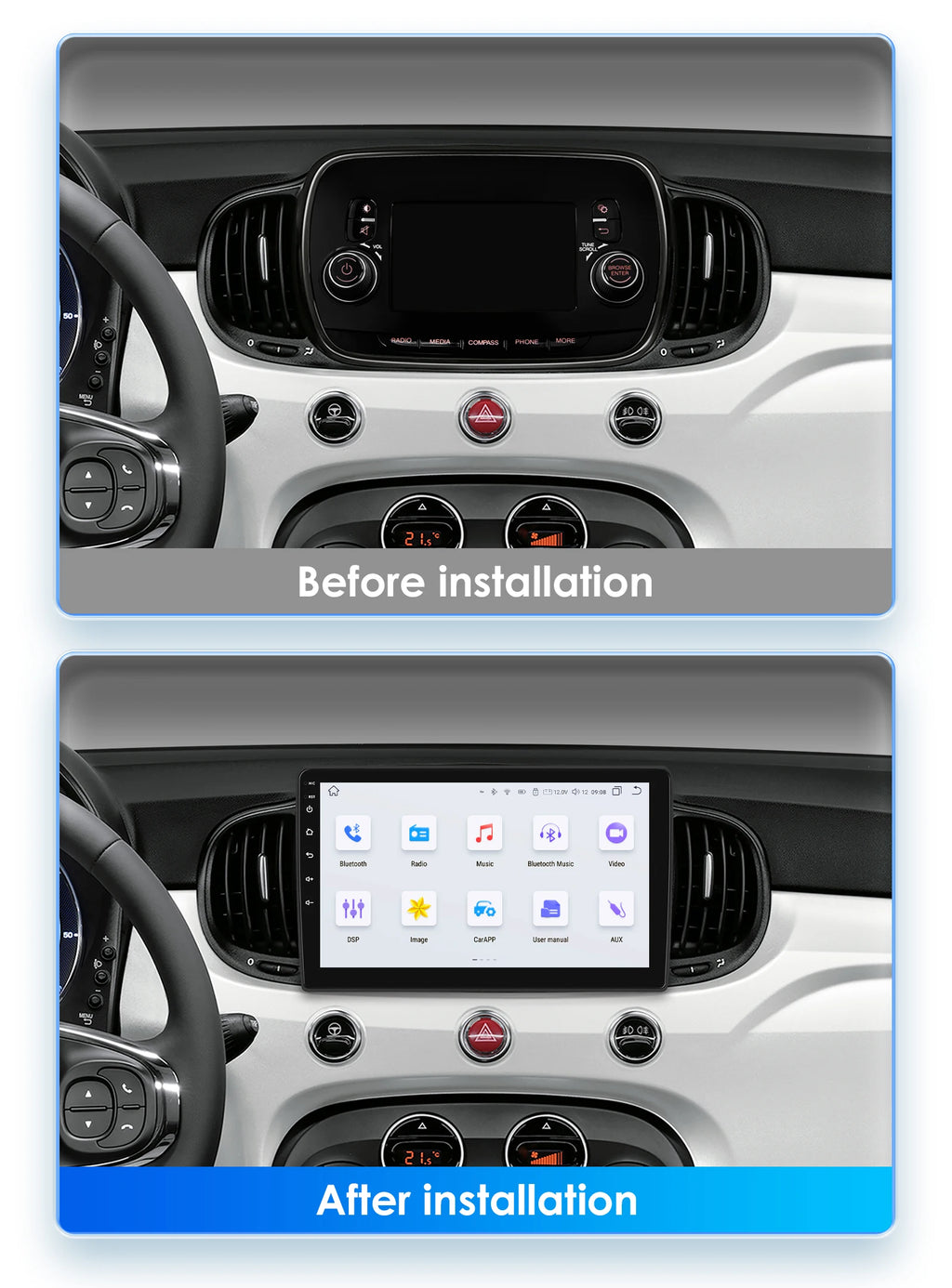 Hizpo 9 inch Wireless CarPlay Android Auto Car Radio for Fiat 500 2016 2017 2018 2019 Multimedia Wireless Apple CarPlay Smart Intelligent Systems IPS Touch Screen Stereo Video Player 2 Din Autoradio Head Unit Navigation BT GP