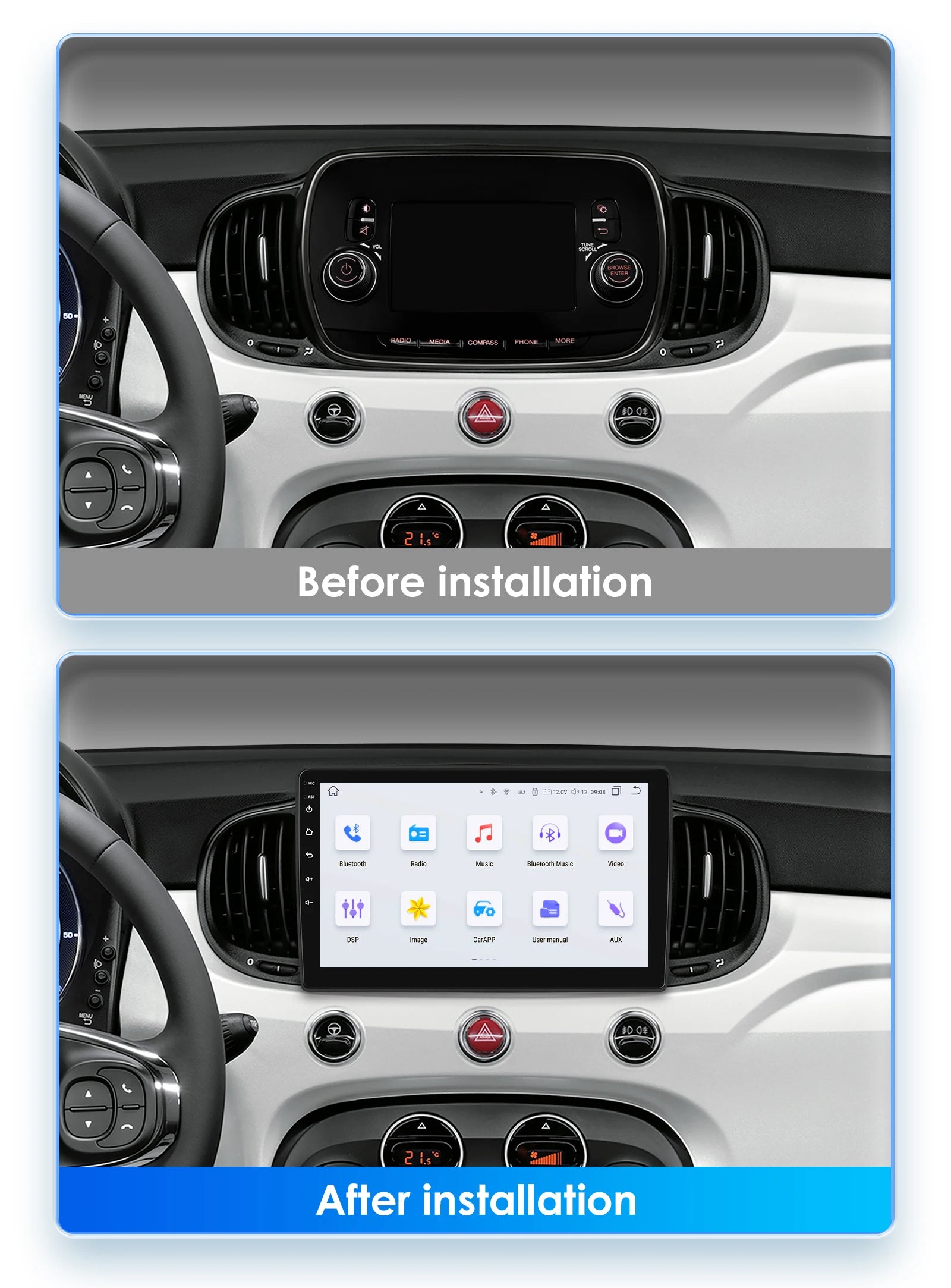 Hizpo 9 inch Wireless CarPlay Android Auto Car Radio for Fiat 500 2016 2017 2018 2019 Multimedia Wireless Apple CarPlay Smart Intelligent Systems IPS Touch Screen Stereo Video Player 2 Din Autoradio Head Unit Navigation BT GP