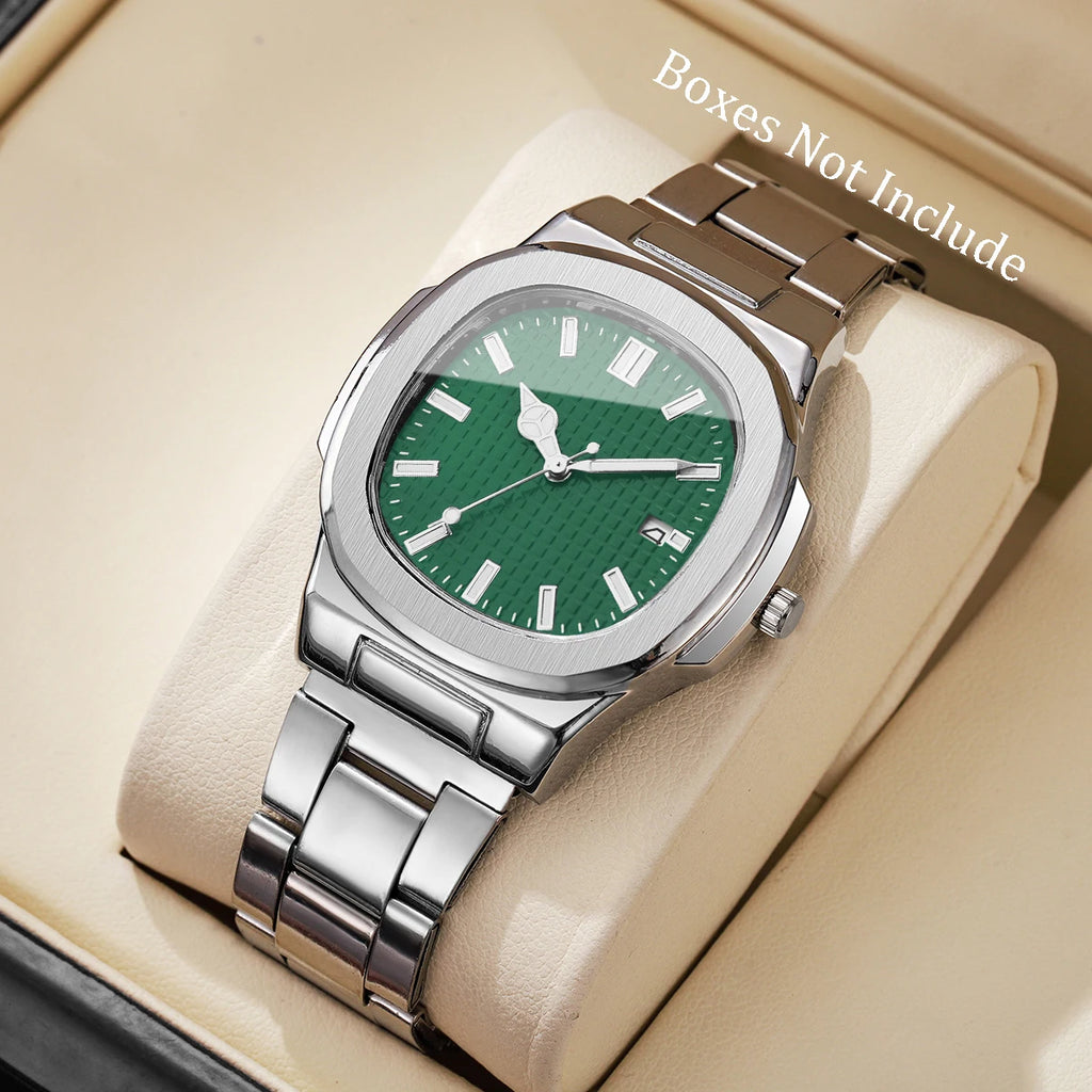 Luxury Men Business Watches Fashion Square Dial Stainless Steel Strap Quartz Watch with Calendar For Mens Clock（Without Box）