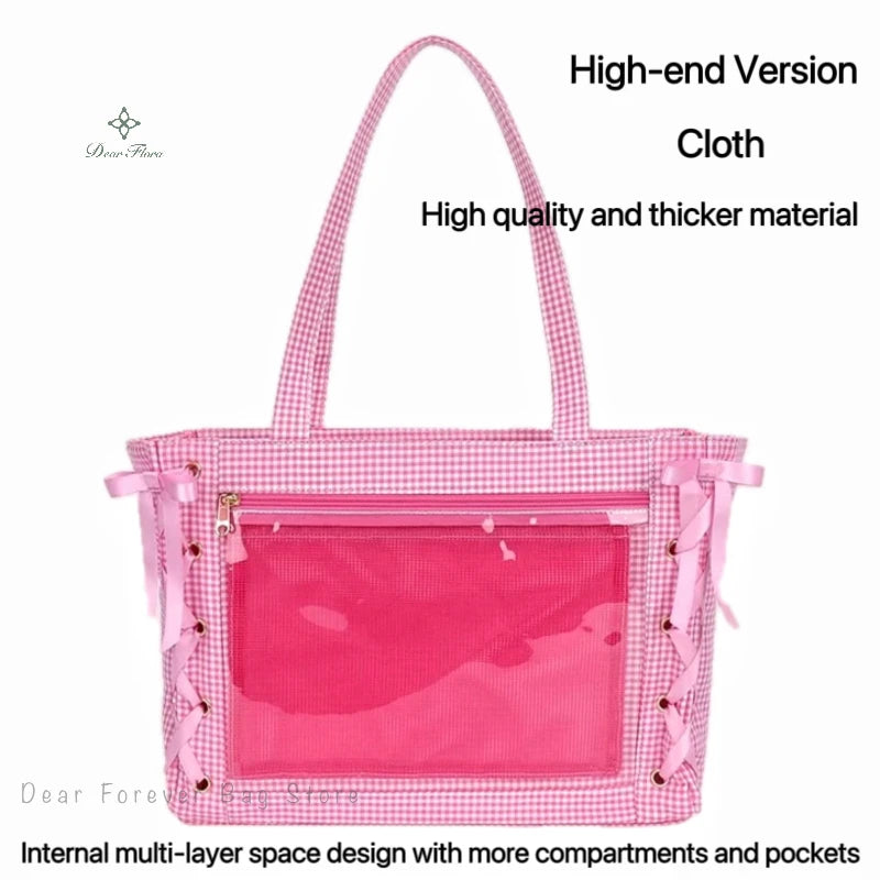 Japanese Sweet Women Ribbon Ita Bag Fashion Large Capacity Tote Bag Aesthetic Shoulder Bag Cute Lolita Girl Transparent Handbags