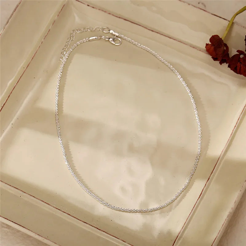 Authentic S925 Sterling Silver Necklace 2mm Sparkling Collarbone, Sweater Chain, High Charm Jewelry Gift Women
