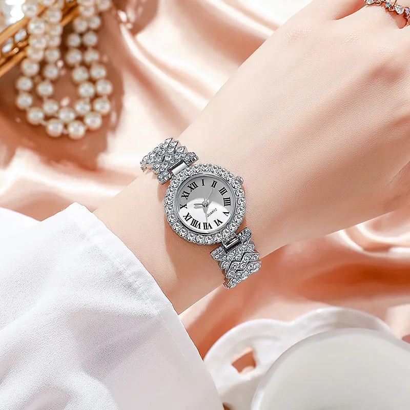 5PCS Luxury Rhinestone Women's Watch Jewelry Set Roman Quartz Wristwatch with Necklace Earrings Ring Reloj Mujer（Without Box）