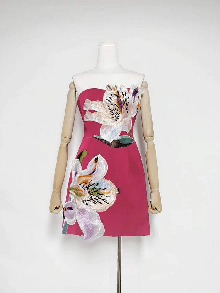 Sexy Strapless Embroidered Floral Mini Dress Women White Sleeveless Backless Flowers A-line Dresses Evening Party Cocktail Gowns