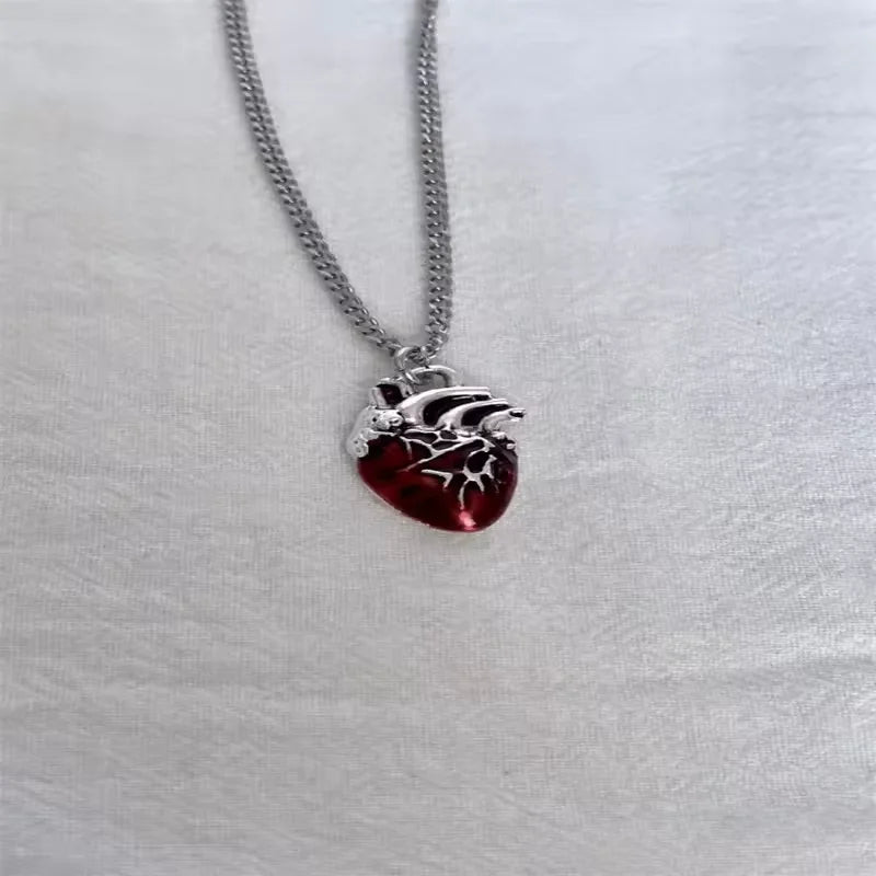 Anatomical Red Heart Necklace Gothic Y2K Grunge Jewelry Dainty Silver Color Tonebloody Red Human Heart Pendant Personalized Gift
