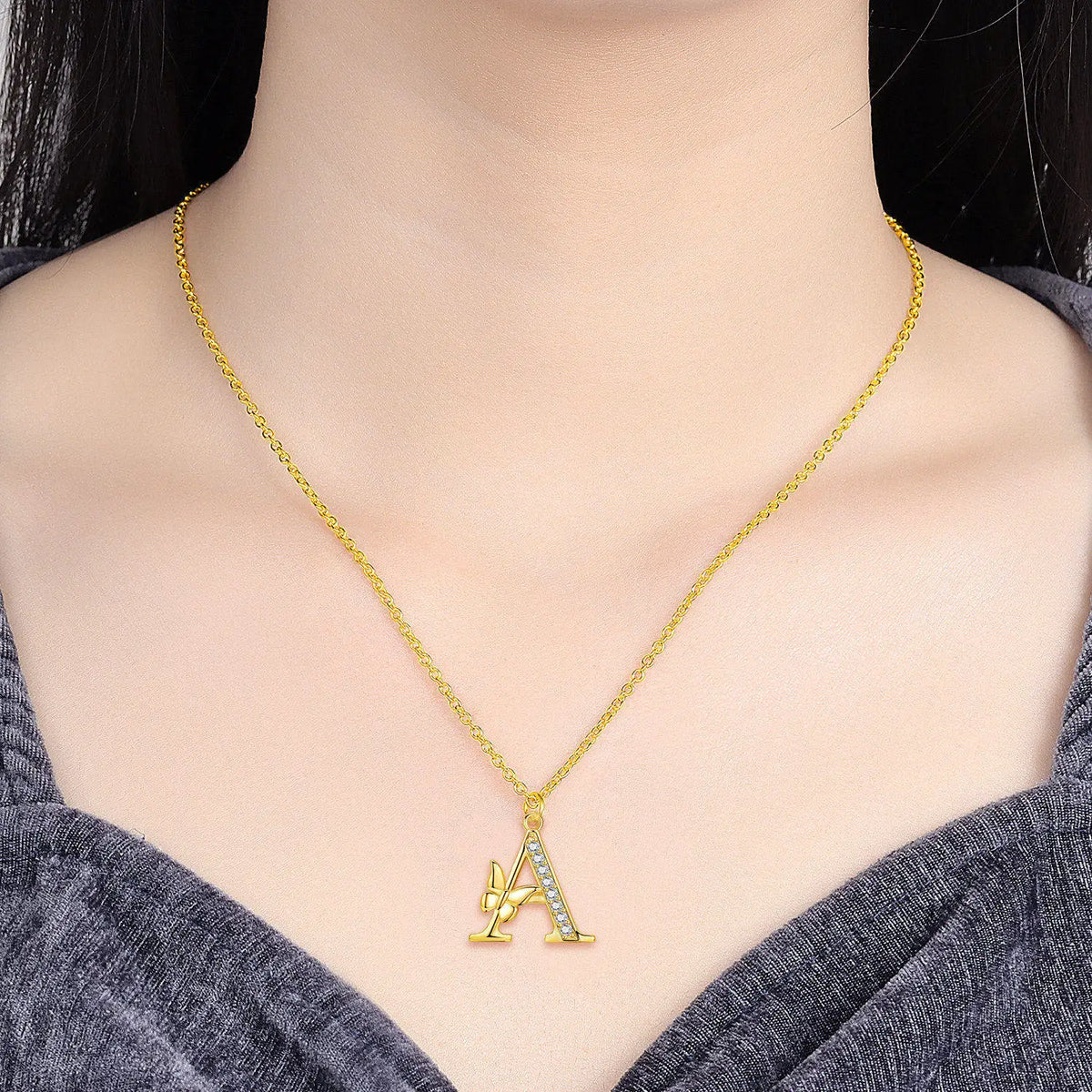 Original 925 Sterling Silver 18K Gold Zircon Butterfly A-Z 26 Letter Y-shaped Chain Necklace For Women Commemorate Jewelry Gift