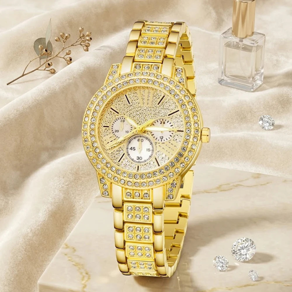 5Pcs/Set Unisex Jewelry Watches Women's Wristwatch Accessories Gold Trendy Fashionable Elegant Classic Exquisite Light Luxury Rhinestone Luxury Round Dial Quartz Watch Set Y2K Suitable for Travel, Parties, Daily Outfits, Perf