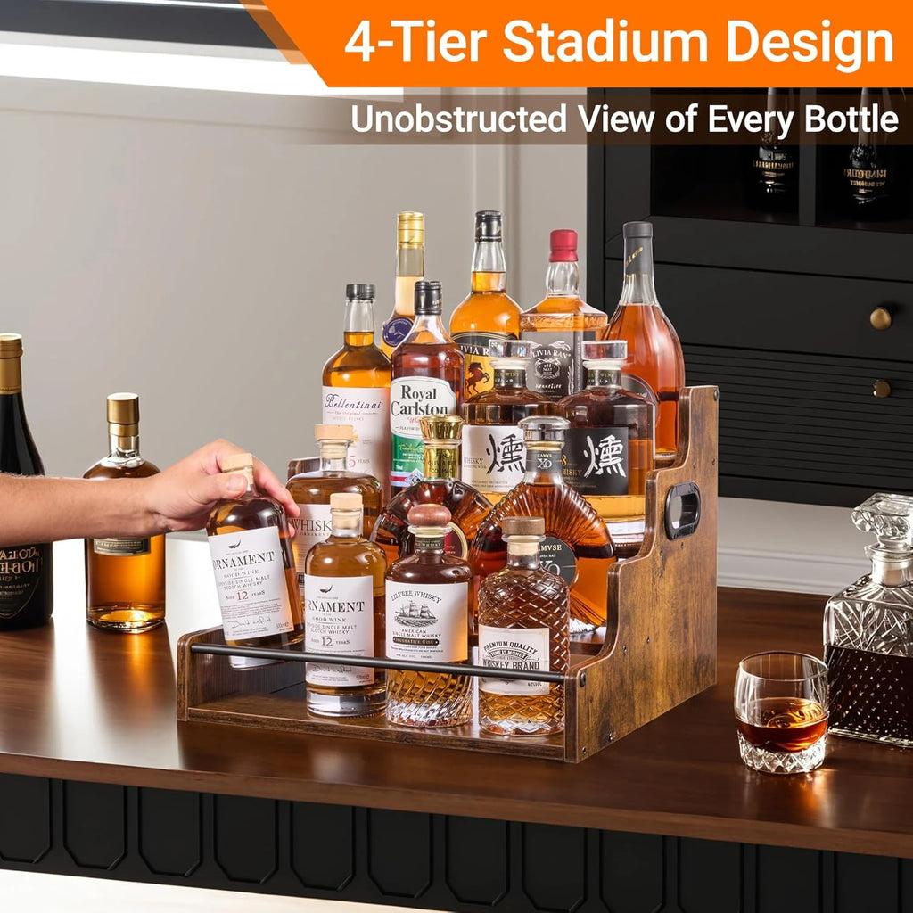 Liquor Bottle Display Shelf, Coffee Syrup Rack Organizer, 3 Step Countertop Liquor Wine Rack, Mini Bar, Liquor Cabinet, Home Retro Bar Shelf Stand for Liquor Whiskey, Spirits