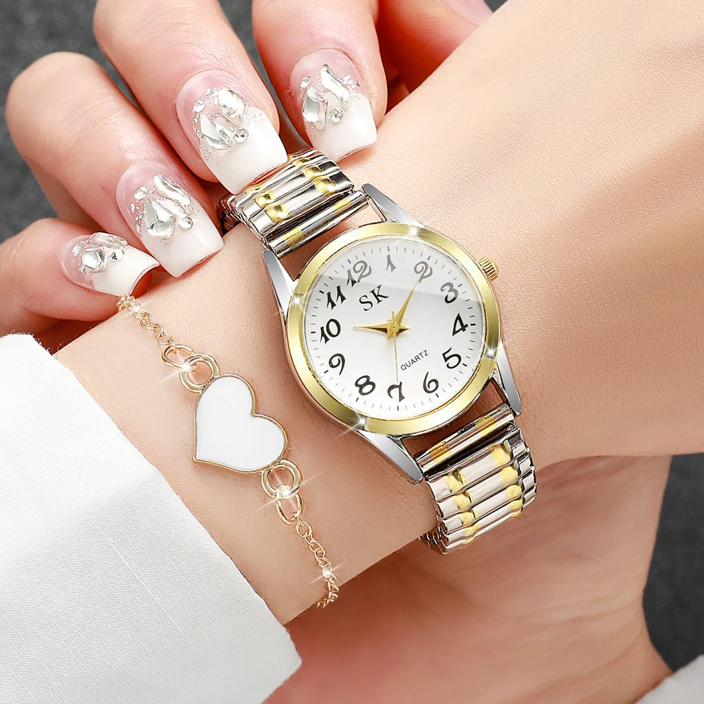 5PCS/Set Fashion Arabic Dial Women Quartz Watches Elastic Strap Ladies Wristwatch Heart Jewelry Set Reloj Mujer (Without Box)