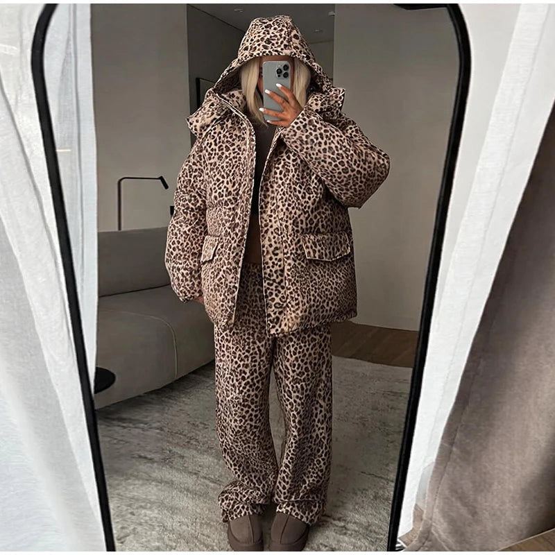 Women Winter Two‑Piece  Leopard Print Hooded Puffer Jacket Outfit Loose Cuffed Jogger Pants Warm Casual Streetwear Matching Set