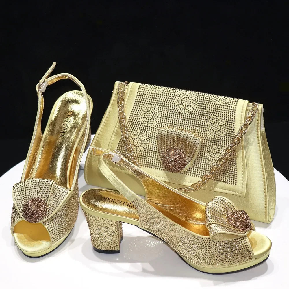 Venus Chan 2024 Italian Shoes And Bag Sets For Evening Party With Stones Italian Satin cloth  Rhinestone bow Handbags Match Bags
