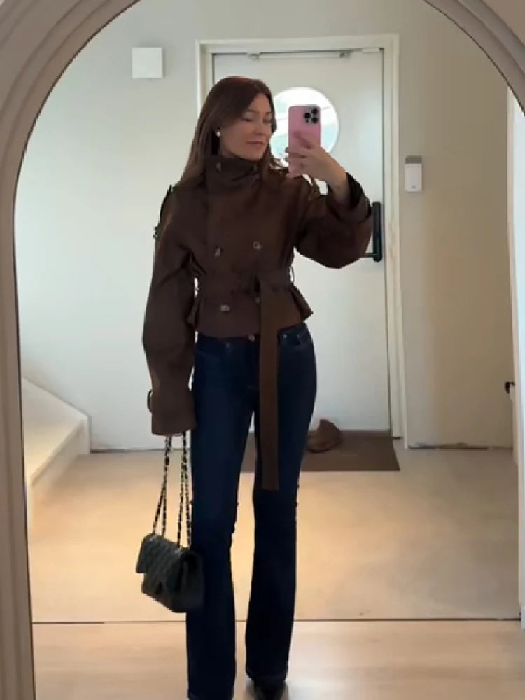Autumn Winter Ladies Cropped Trench Jacket Faux Suede Double‑breasted Stand Collar Belt Waist Slim Fit Casual Outerwear Coat