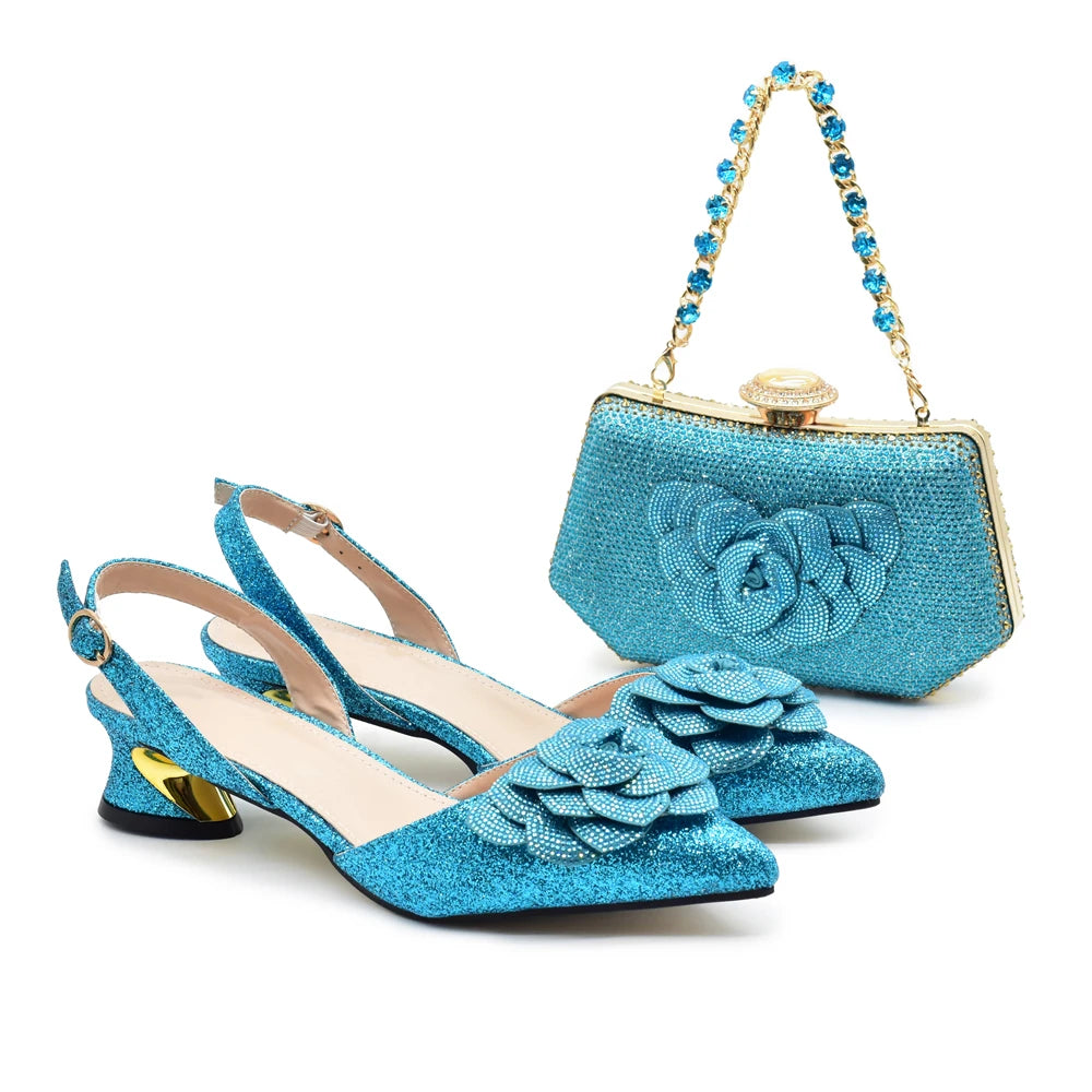 Fashion Nigerian Women Heel Party Ladies Italian Design Green Shoes and Bag Set Decorated with Rhinestone Handbag Wedding Party