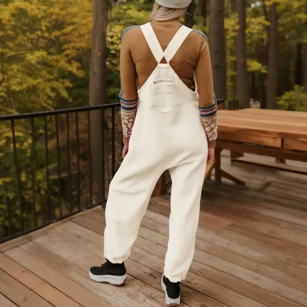 Fall Winter Women Jumpsuit Solid Color Plush Loose Overalls For Women One-piece Sleeveless Ankle-banded Cargo Outfit With Pocket