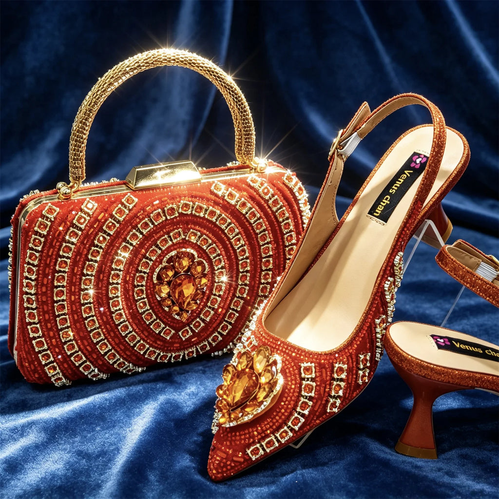2026 Italian Inspired Gold Rhinestone HAND CRAFTED UPPER Pointed Toe Women High Heels Shoes and Bag Set Elegant Party Shoes
