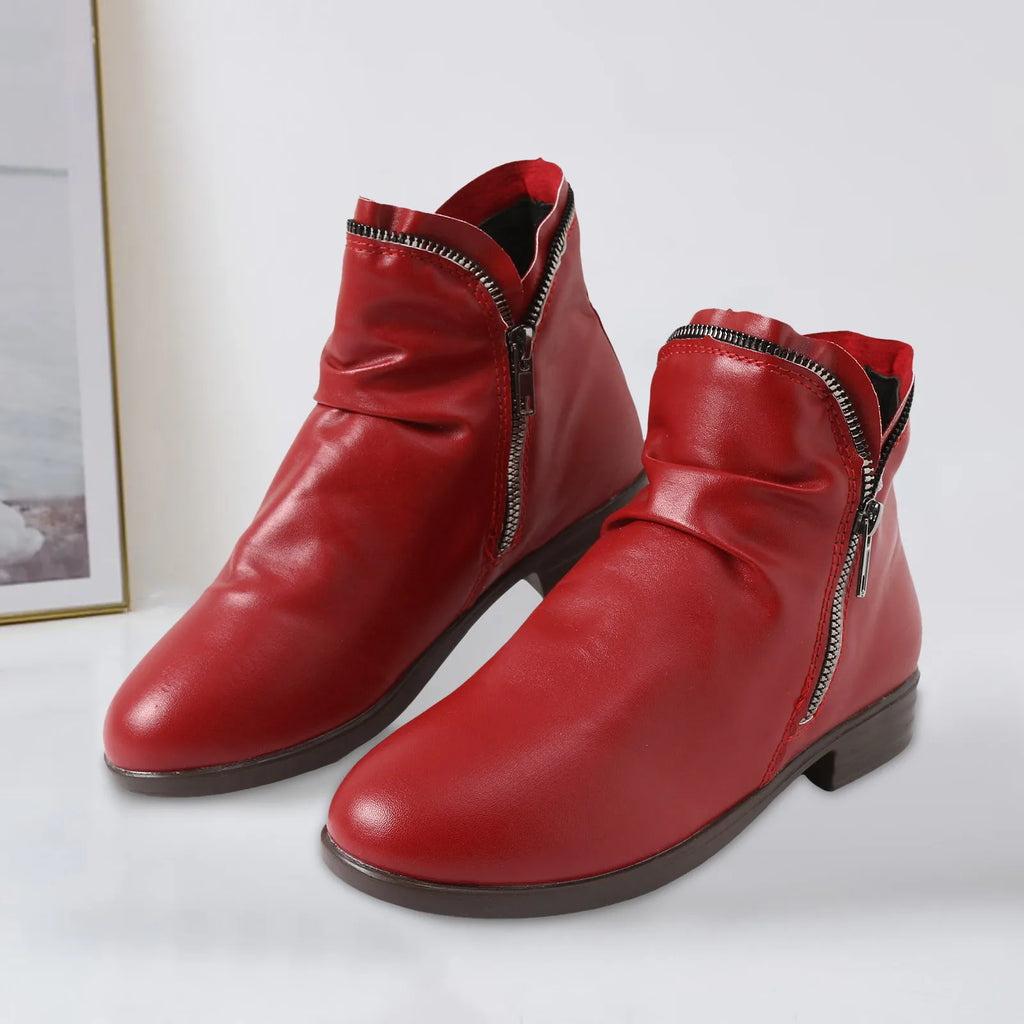 Women Boots Leather Ankle Boots Flat Shoes Autumn Winter Snow Boots Platform Zipper Up Punk Boots Square Heel Ladies Shoes