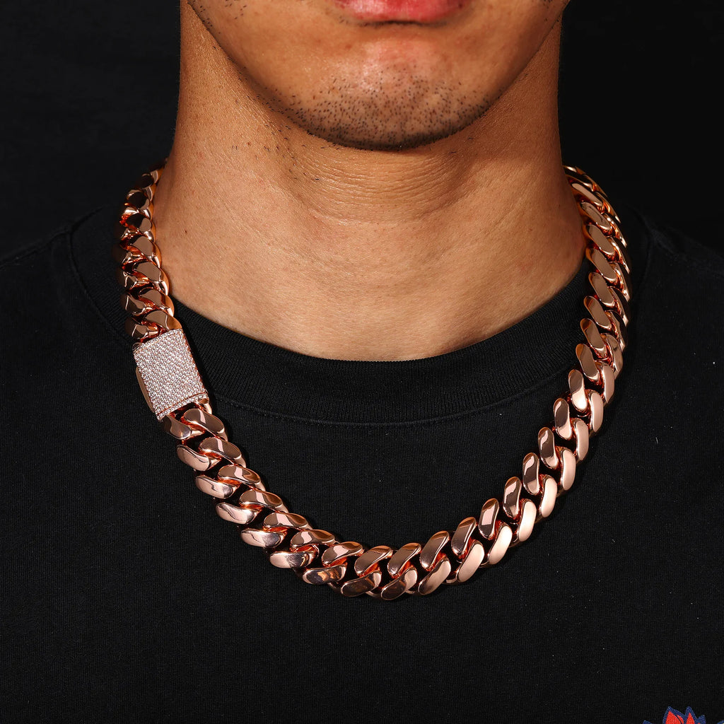 10-25mm Wide Hip Hop Bling Iced Out Round Cuban Miami Link Chain Necklaces for Men Rapper Jewelry Rose Gold Color