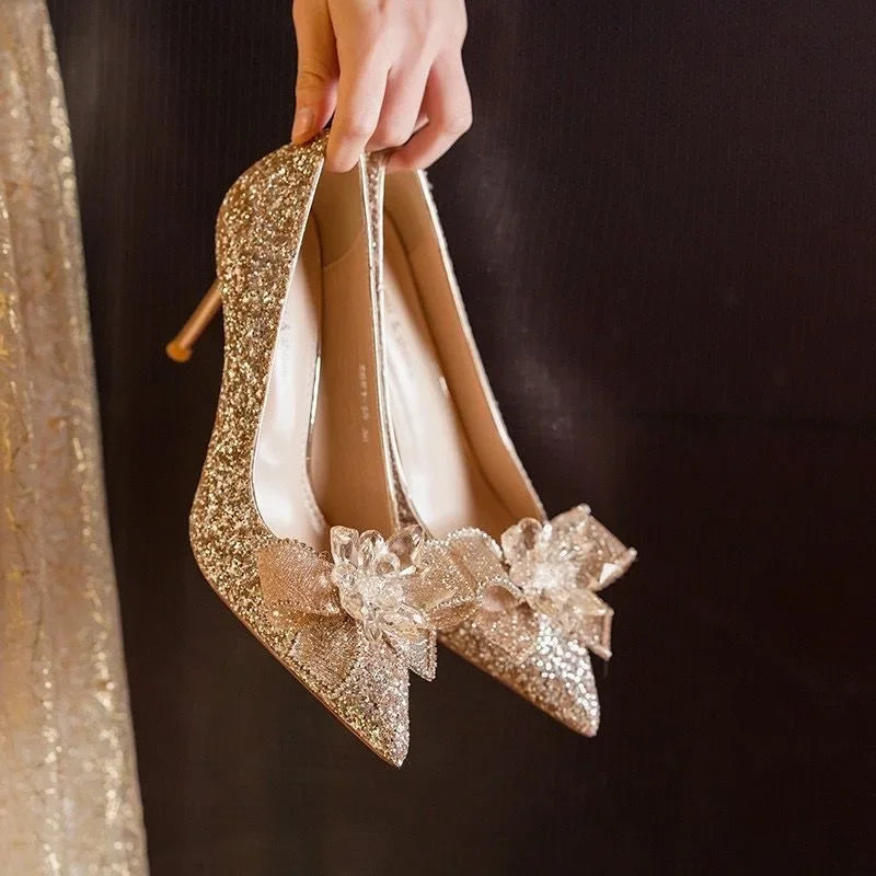 Wedding Shoes for Women Bride Luxury High Heels Stiletto Silver Gold Elegant Dress Evening Parties Pointed Toe Designer