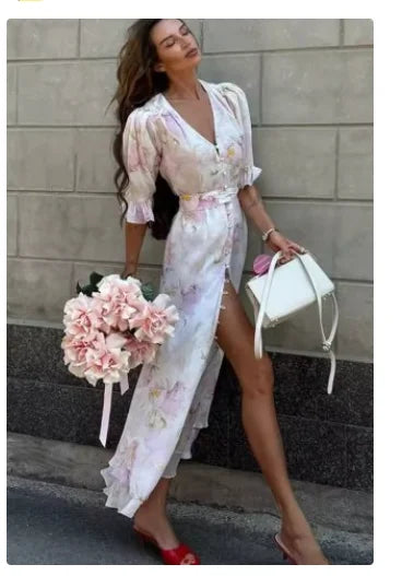 Women Chic V-neck Belte Slit Flower Print Maxi Dress Ruffle Trim High Chiffon Dresses 2026 Summer Fashion Party Vacation Robe