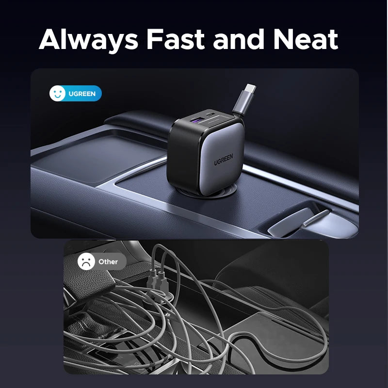 UGREEN 145W 90W 60W Car Charger 3 USB-C & 1 USB-A Ports PD QC4.0 Fast Charging with Retractable Cable for iPhone 18 Pro MacBook