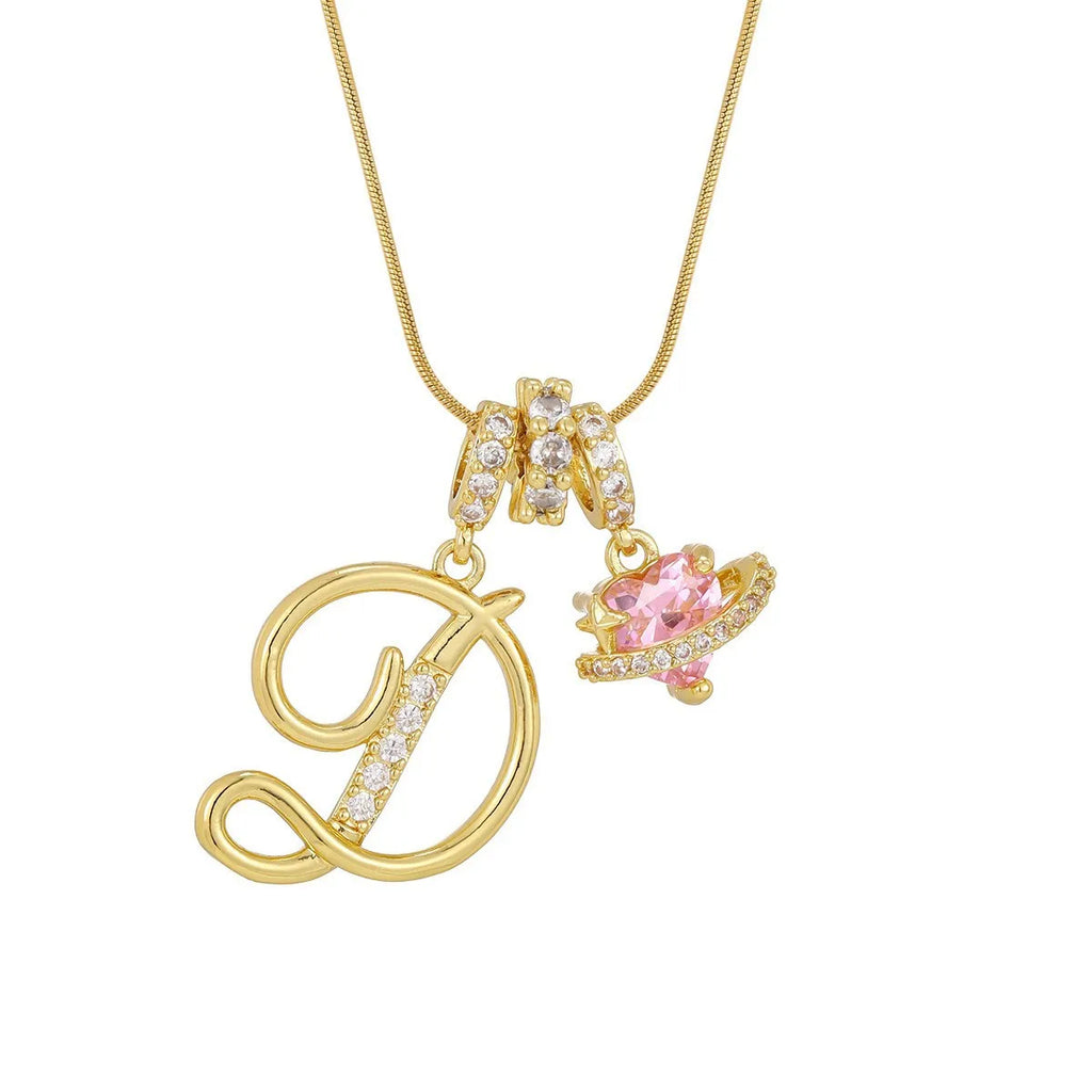 Fashion Letter Necklace Pink for Women  Zircon Heart Pendant Suitable for Personalized Stainless Steel Luxury Jewelry for Girls