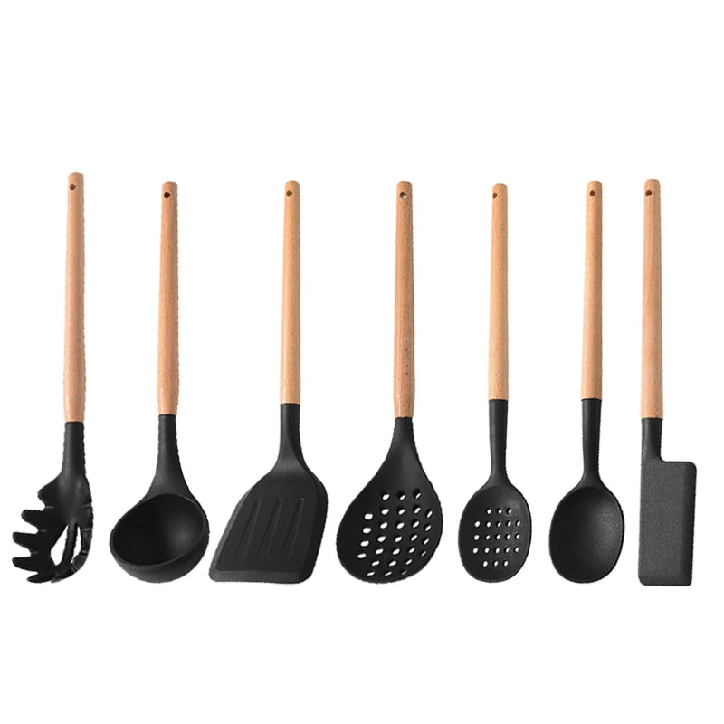 White Silicone Wooden Handle Soup Spoon Spatula Brush Scraper Pasta Egg Beater Non-stick Kitchen Cooking Tools Kitchenware