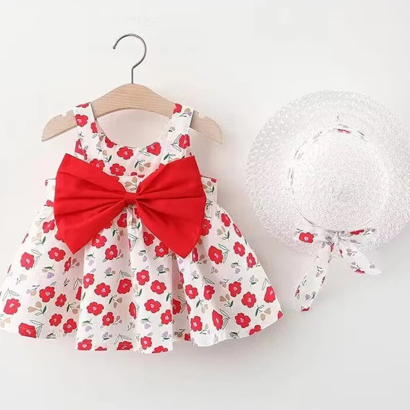 0-3-Year-Old Baby Clothes Summer Seaside Vacation Children's Dress Floral Sleeveless Bow Girl Princess Dress+Hat
