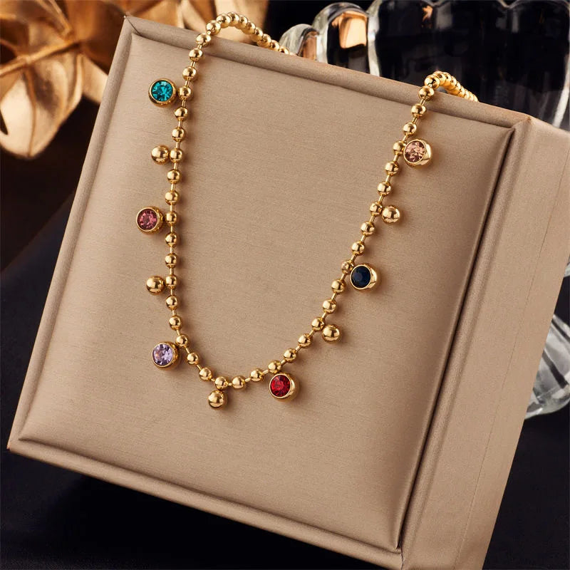 316L Stainless Steel Multicolor Crystal Zircon Necklace For Women Fashion Lady Ball Chain Wedding Party Jewelry Gifts