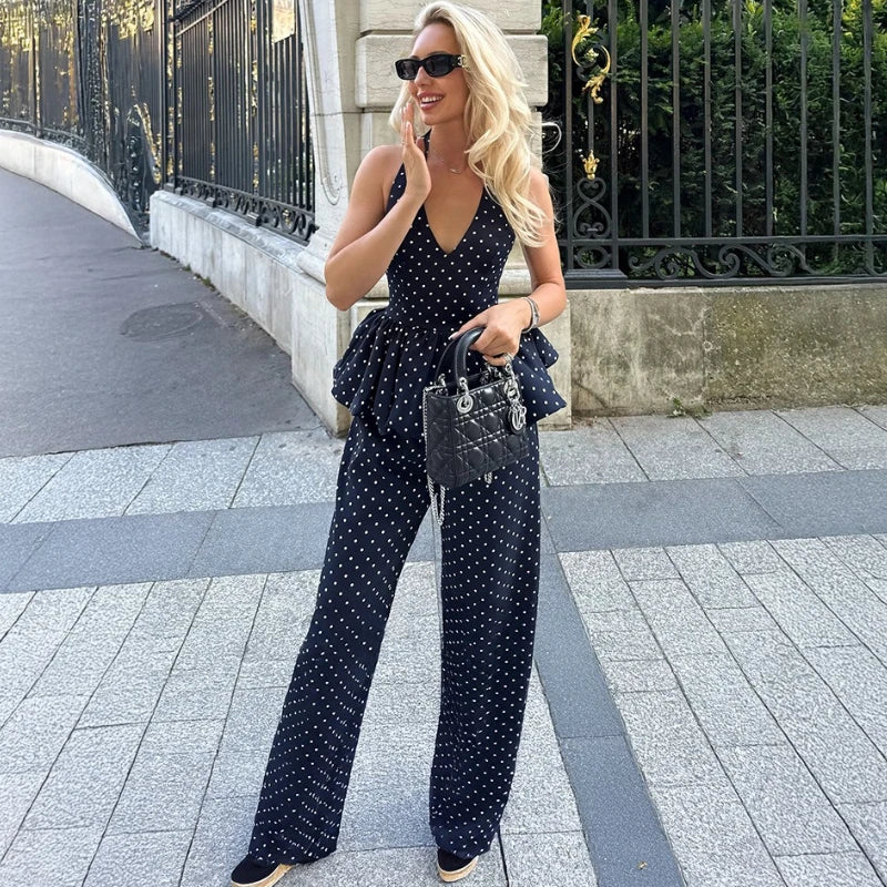 TARUXY Polka Dot Print Trousers Set Female Spring Summer Hot Girls Sexy V-Neck Halter Neck Strap Top Wide-Leg Pants Women's Suit