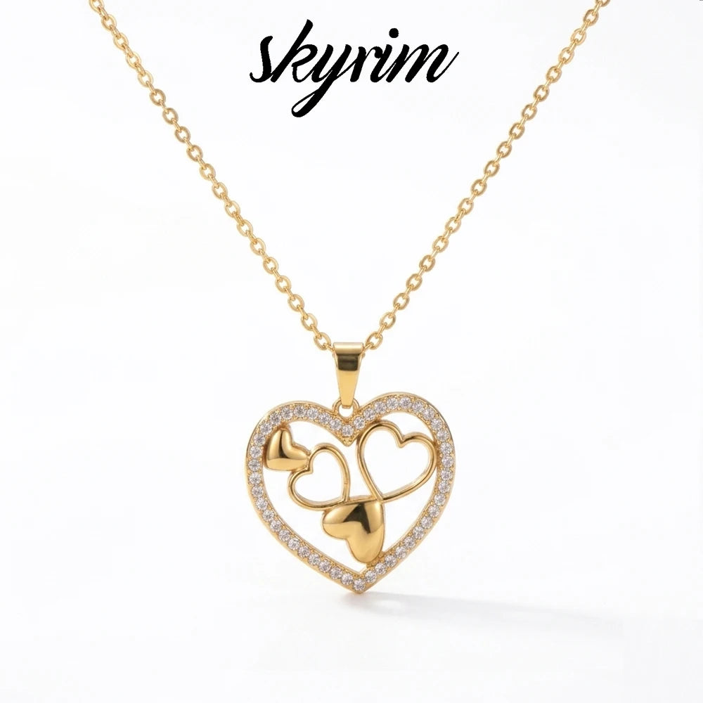 Skyrim Sweet Love Heart Zircon Pendant Necklace Stainless Steel Gold Color Minimalist Choker Fashion Jewelry Birthday Gift