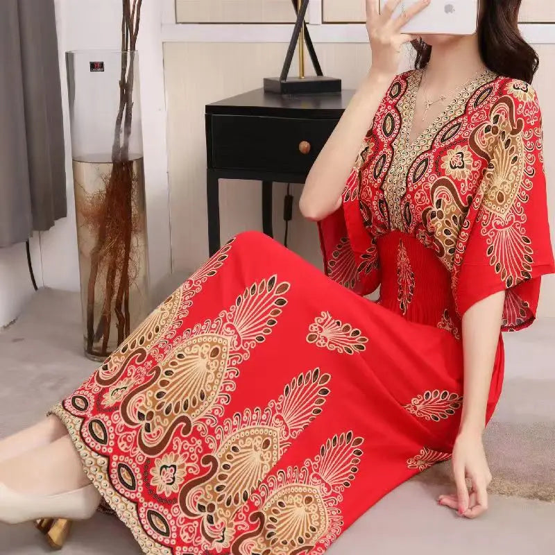 2025 Summer New Casual Elegant Retro Bohemian Style V-neck Elastic Waist Large Swing Printed Long Skirt Autumn Summer Dress