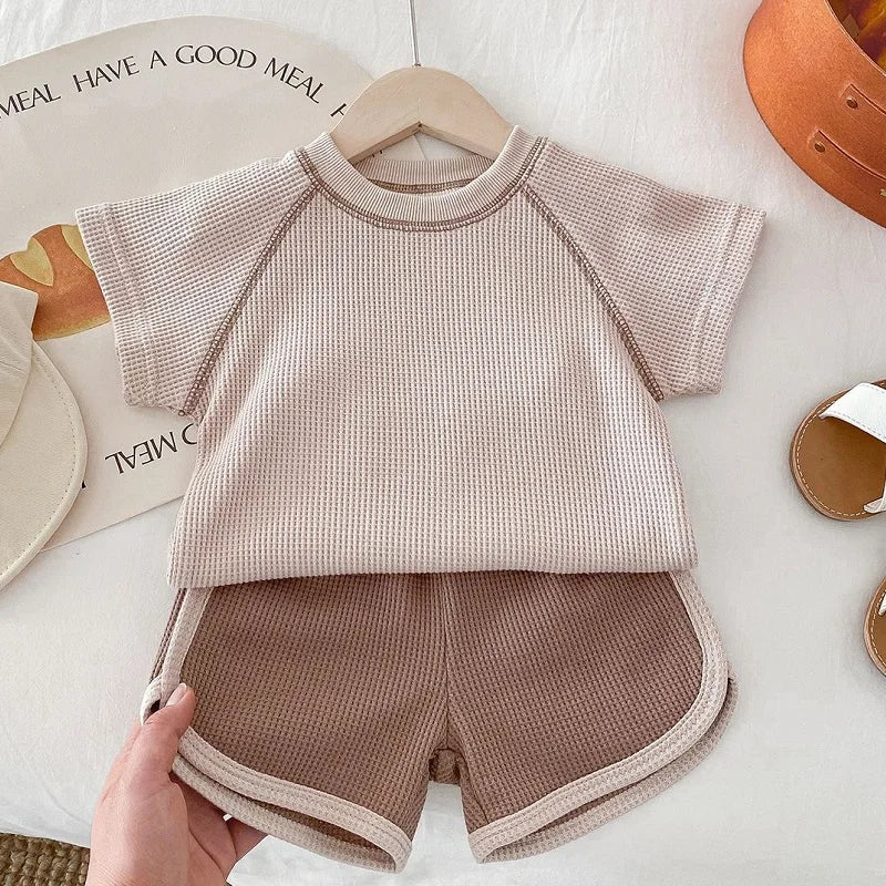 Children's Clothing 0-3 Year Old Summer New Striped Pure Cotton Boy T-Shirt Shorts Set Beach Vacation Girl Short Sleeved Set