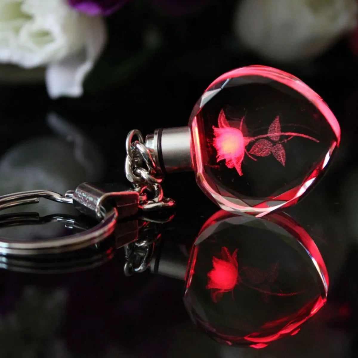LED Light-Up Crystal Heart Keychain, 3D Rose Engraved Glowing Bag Charm, Romantic Gift for Her