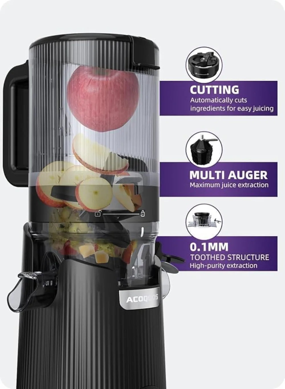 5.3" Wide Chute Masticating Juicer, 300W Slow Juicer for Whole Fruits & Veggies, High Yield 99%, Easy Clean, BPA-Free, Auto-Feed