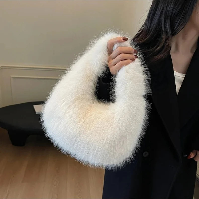 Winter Casual Furry Shoulder Bags for Women Solid Color Soft Plush Ladies Clutch Purse Handbags Lightweight Female Hobos Bag