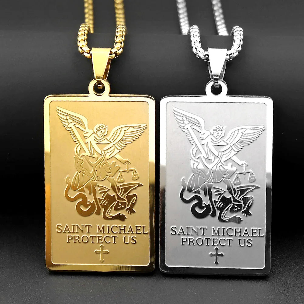 Christian Archangel Saint Michael Protect Us Cross Medal Pendant Necklace Stainless Steel Gold Plated Chain Amulet Jewelry Gift