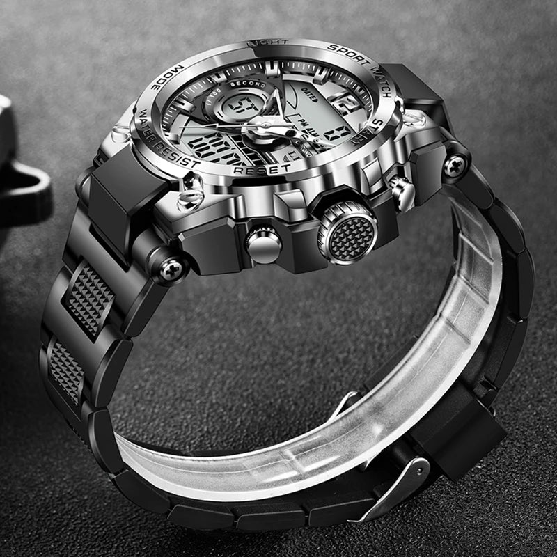 LIGE Men Sport Watch 50M Waterproof Dual Display Analog Digital Watch LED Backlight Chronograph Quartz Wristwatch Gift Box Set