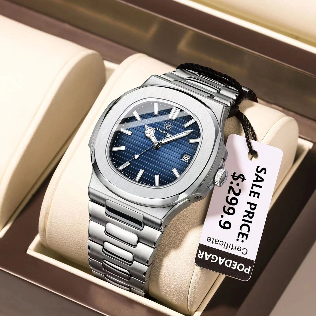 POEDAGAR Fashion Square Quartz Man Clock Waterproof Luminous Date Stainless Steel Watches For Men Luxury Business Men Wristwatch