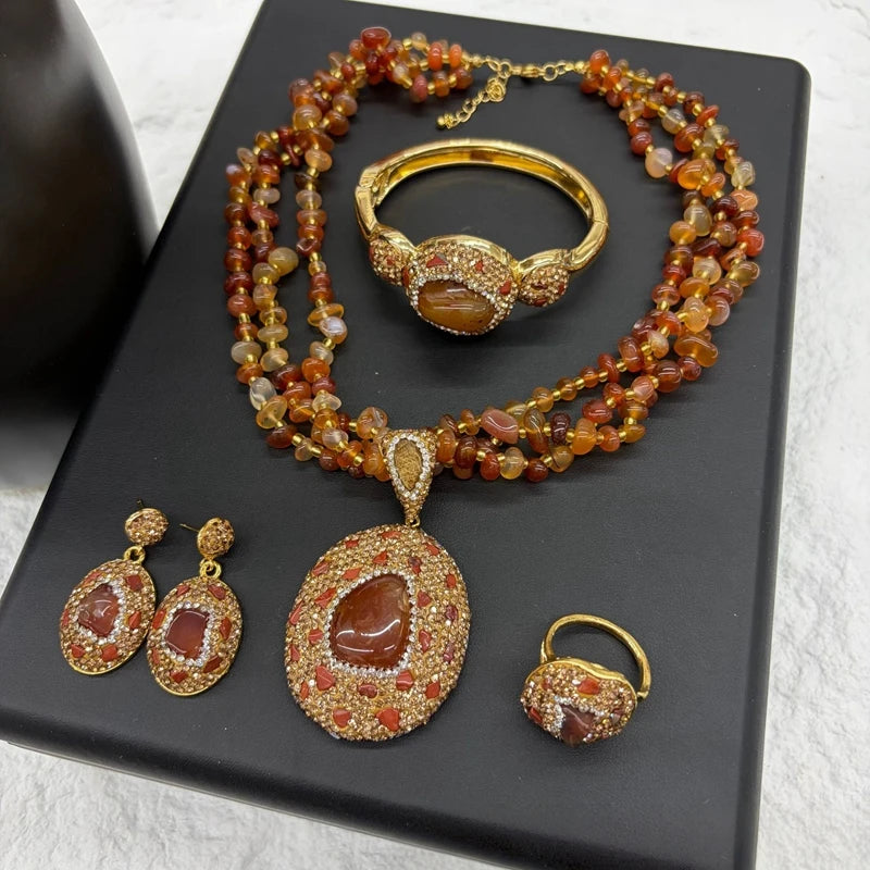Vintage 4pcs Necklace Earring Ring Bracelet Crystal Stone Jewelry Sets for Women Natural Amethyst Tigers Eye Statement Jewelrys