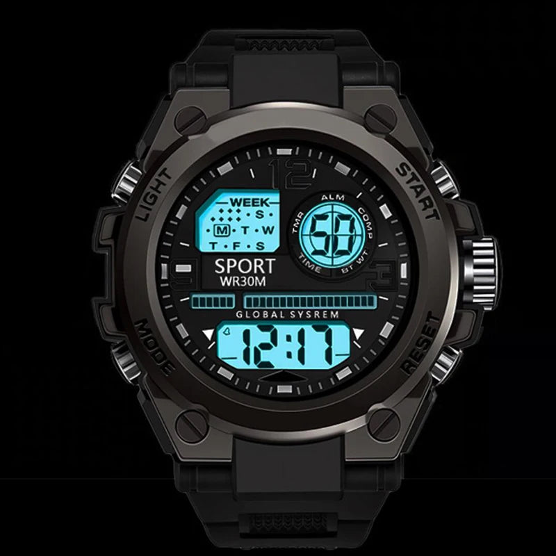 Black Sports Watch for Kids Students Men's Multifunction LED Digital Watch Waterproof Luminous Alarm Clock Electronic Watches