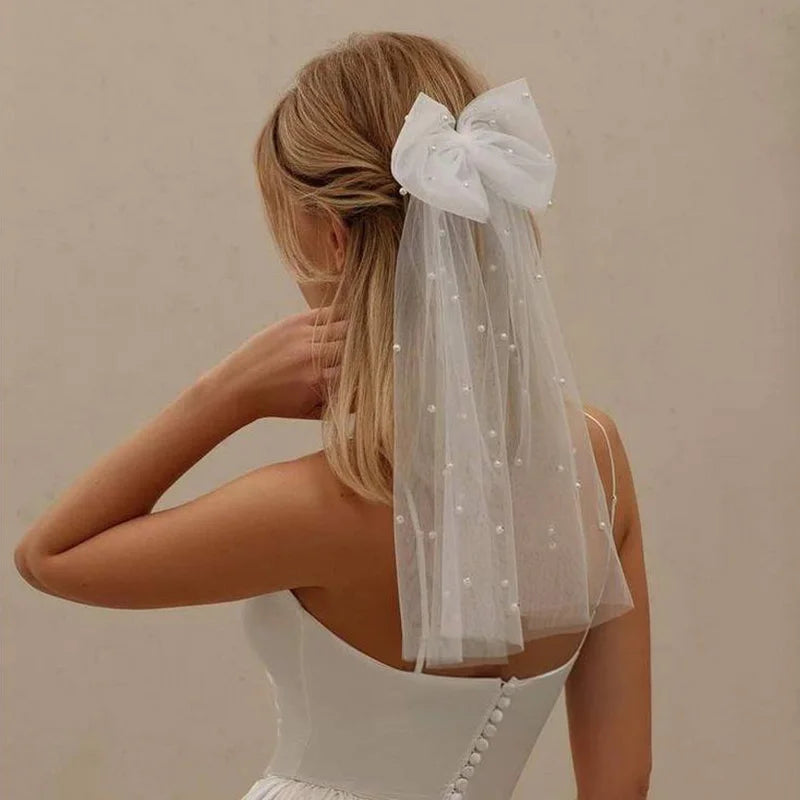 Women Long Ribbon Mesh Bow Hair Clips Elegant Pearls Hairpin White Mesh Hairpins Wedding Party Bride Hair Accessories