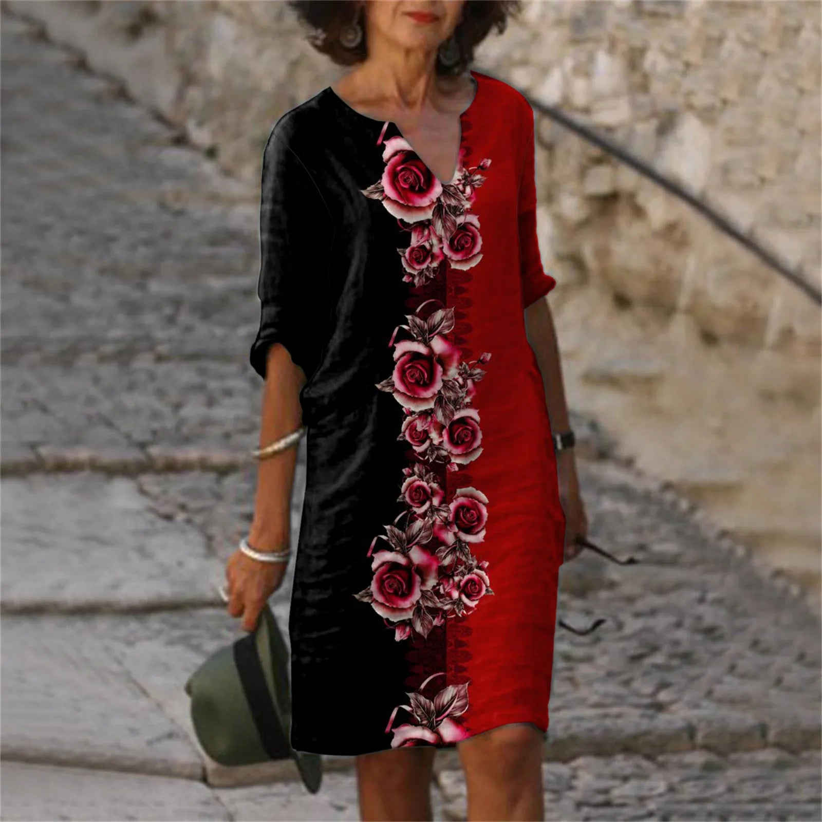 Mom Casual Dresses V Neck Elegant Retro Printed Medium Sleeved Dress Summer Fashion Streetwear Maxi Vestidos For Daily Fit