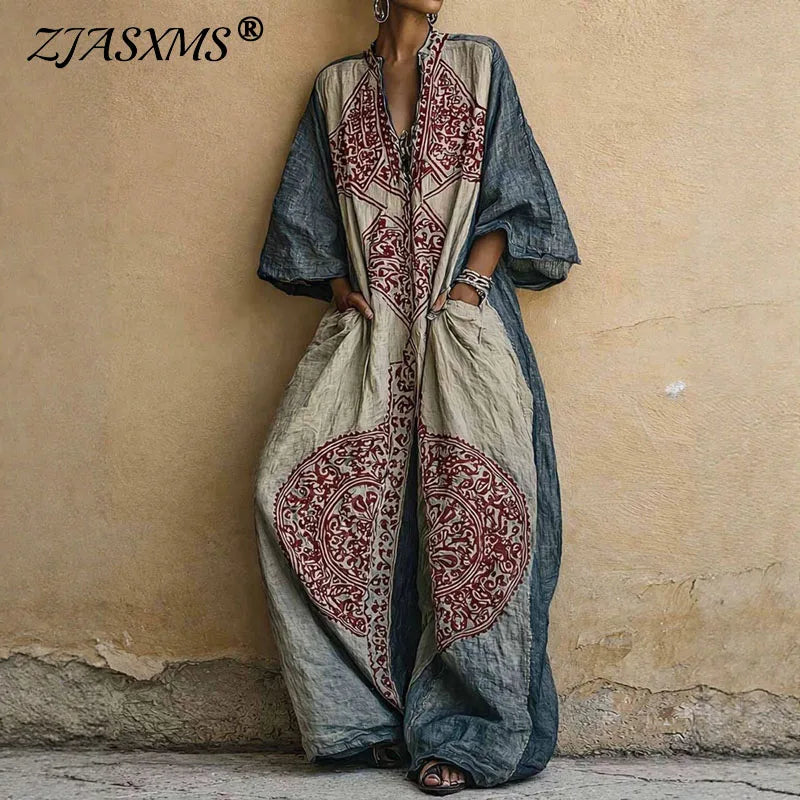 Womens Boho Ethnic Print Oversized Jumpsuit V Neck Batwing Wide Leg Long Pantsuit New Vintage Loose Vacation Romper With Pockets
