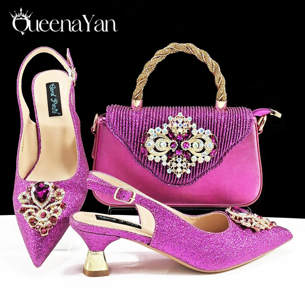 Hot Selling Elegant Noble Colorful Rhinestone Design White Color Party Wedding Pointed Toe High Heel Women Shoes and Bag Set